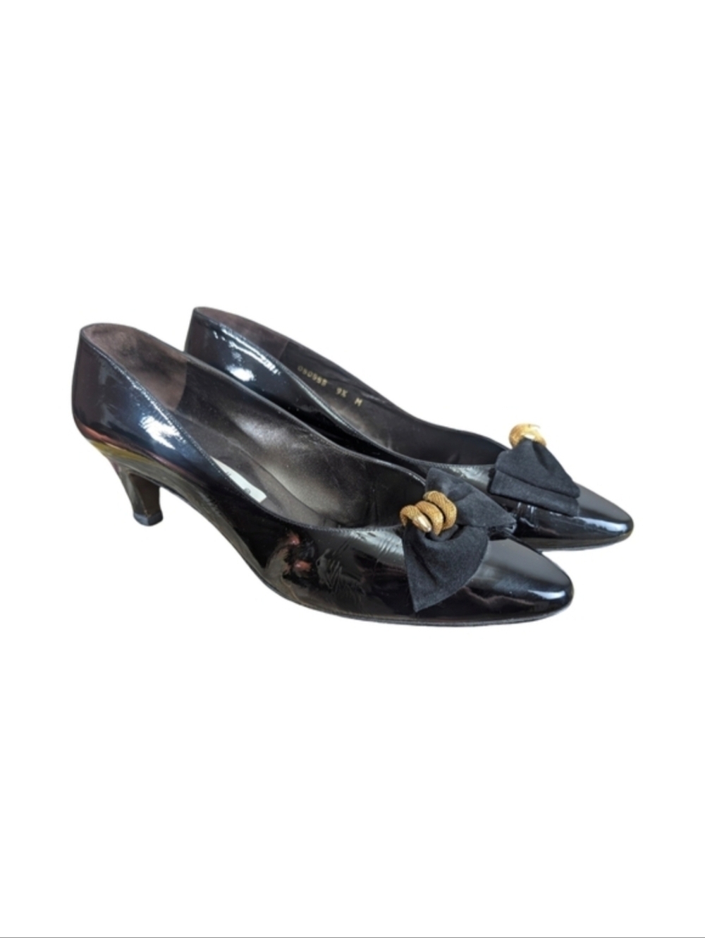 Vintage Black Patent Leather Kitten Heels Size 9.5 Gold Detail Made In Spain